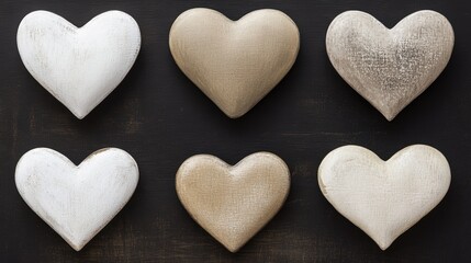 Obraz premium Six handcrafted heart-shaped decorations in soft white and beige tones are arranged on a dark background, ideal for romantic themes, home decor, or Valentine's Day marketing materials,