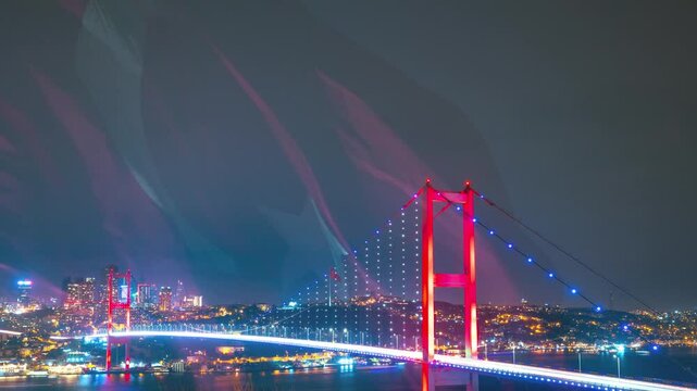 15th july democracy day of Turkey or 15 temmuz concept video with waving Turkish flag and Bosphorus Bridge.