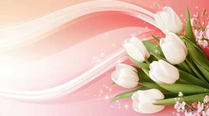 Obraz premium Soft pink background adorned with white tulips and delicate flowers, perfect for use in spring-themed invitations, floral designs, or romantic events, Ideal for greeting cards or wall art,