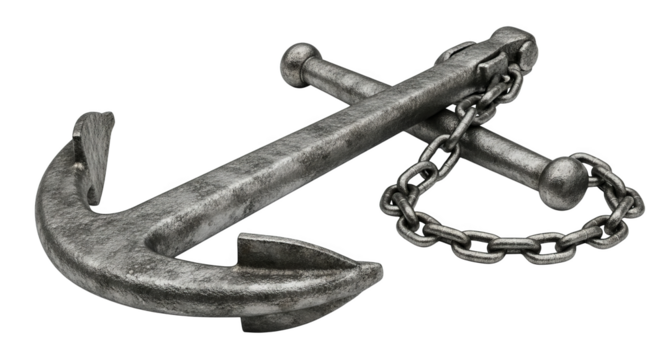 Isolated still life showcases a weathered silver anchor and chain in a detailed gigapixel rendering.