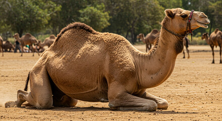 Camel resting on sand with others camels in the background on a sunny day