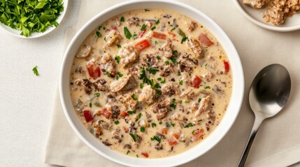 Creamy soup featuring tender meat, vibrant vegetables, and fresh herbs, perfect for culinary blogs, recipe books, or menus highlighting comforting, hearty meals,