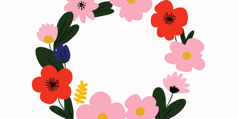 A vibrant floral wreath artfully displays an array of blossoms, exuding the fresh essence of nature, perfect for adding beauty to any project.