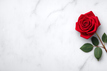 Red rose resting on smooth white marble surface. Subtle texture adds elegance and charm. Concept of floristry, romance, gifting