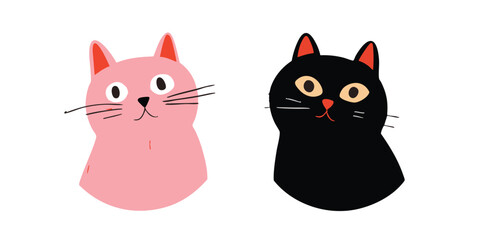 Fototapeta premium Two adorable, cartoon-style cats, a pink and a black one, each with distinct personalities, bring a playful, whimsical vibe. Capturing simple yet expressive charm.