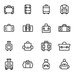 Sixteen different outline icons showcase luggage and travel bags in a simple and elegant collection