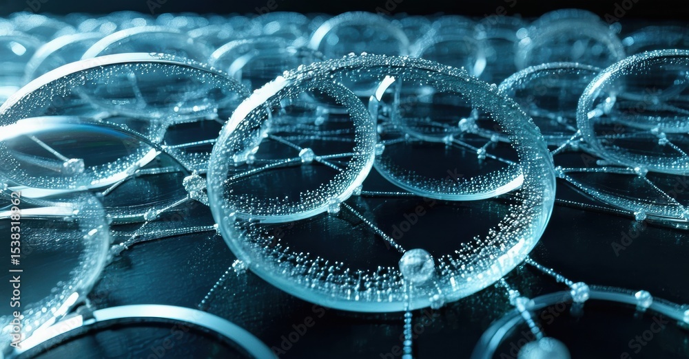 Aufkleber Abstract network visualization. Interconnected circles glow, forming complex digital structure. Futuristic, technology focused image.