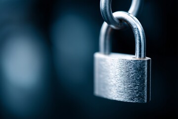 Fototapeta premium metal padlock on chain close-up, secure steel lock with bokeh, concept for safety privacy or cyber protection metaphor