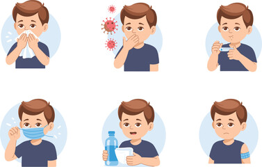 Illustration of sick child showing symptoms, sneezing, fever, virus, cough, drinking water, taking medicine, wearing mask, and getting vaccinated concept