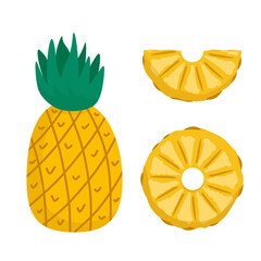 Pineapple Icon Set with Sliced Fruit Elements. Collection of whole and sliced pineapples drawn in a flat vector style, great for food illustrations, cards, or packaging design.
