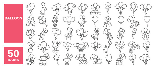 Set of 50 line icons related to balloon, blow, helium, decorative, balloon, balloons, Editable stroke. Vector illustration