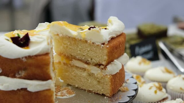 A Victoria Sponge Cake on display for sale at local caf&eacute; market, with many different sweets and cakes in the background.