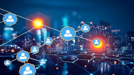 Futuristic cityscape with digital networking connections and user icons glowing against urban skyline - Powered by Adobe