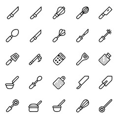 Various black outline kitchen utensils are systematically arranged against a white background in the image