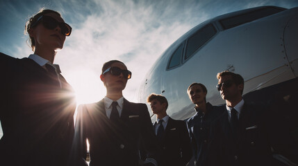 A group of five men in suits stand in front of a plane