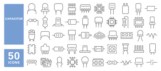 Set of 50 line icons related to capacitor, resistor, inductor, transistor, diodes, microchip, Editable stroke. Vector illustration