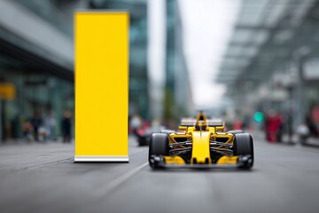 yellow race car in urban street, racing car behind banner, city promo concept or motorsport ad mockup