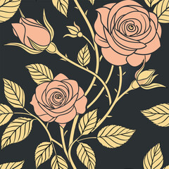 Elegant peach roses and gold leaves seamless pattern