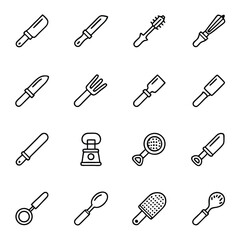 Collection of simple black outline kitchenware icons is neatly organized on a white surface