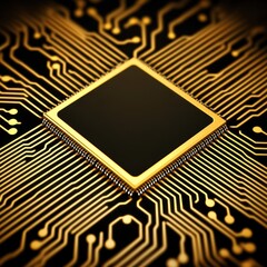 A gold microchip sits at the center of intricate electronic circuits, symbolizing advanced technology and connectivity.