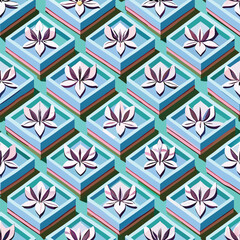 Isometric pattern of pastel flowers in boxes