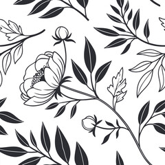 Elegant black and white floral seamless pattern