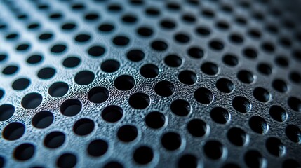 A close-up of a perforated metal surface with circular holes and a textured finish, creating an abstract, industrial pattern.