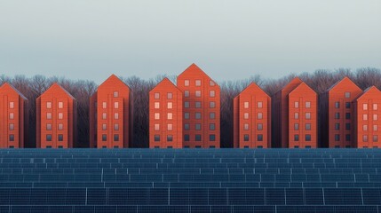 Row of modern red houses behind a large field of solar panels with trees in the background.
