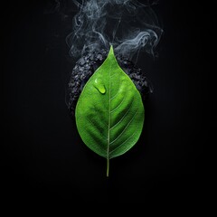 A vibrant green leaf with a water droplet rests on black charcoal, with gentle smoke rising in the dark background.