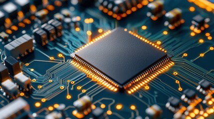 Close-up of a glowing microchip on a circuit board, highlighting intricate electronic components and connections.