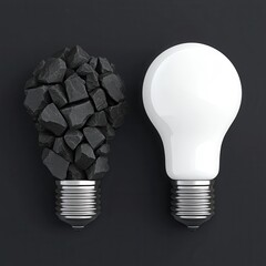 Two light bulbs: one is made of coal pieces, the other is a traditional white bulb, symbolizing the transition from fossil fuels to clean energy.