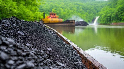 Coal is transported by barge on a river surrounded by lush green forest, with machinery and a waterfall visible in the background.