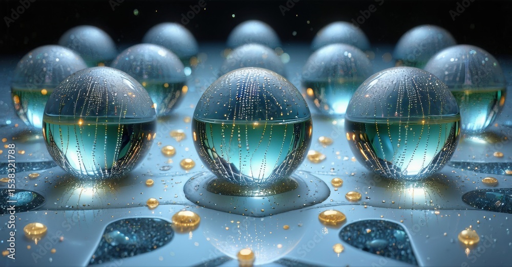 Poster Glowing spheres rest upon textured surface. Water droplets surround each orb, creating luminous reflections. Dark background emphasizes bright details.