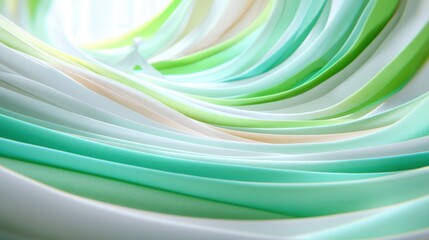 Abstract close-up of layered, wavy, pastel-colored paper strips in green, blue, and white tones.
