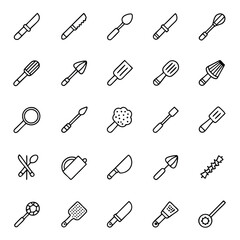 Black outline of assorted cooking and serving utensils are arranged in a grid pattern