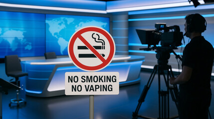 No smoking and vaping sign at news TV studio with cameraman and production crew standing representing health rule and broadcast safety awareness