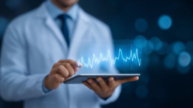 Doctor Analyzing Medical Business Graph on Tablet for Investment Insights
