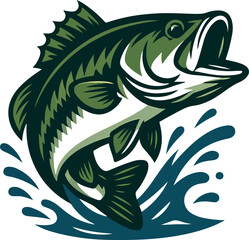 Jumping largemouth bass fish mascot.