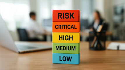 Colorful wooden blocks with risk levels critical high medium and low placed on wooden table in office background showing business assessment and planning concept