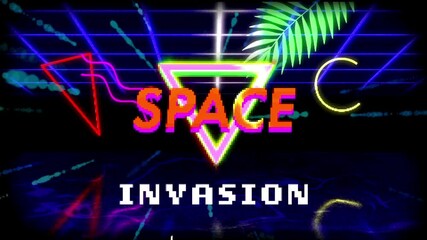 Filling loading bar on neon grid glitching into SPACE INVASION cursor clicking INVASION warping - Powered by Adobe