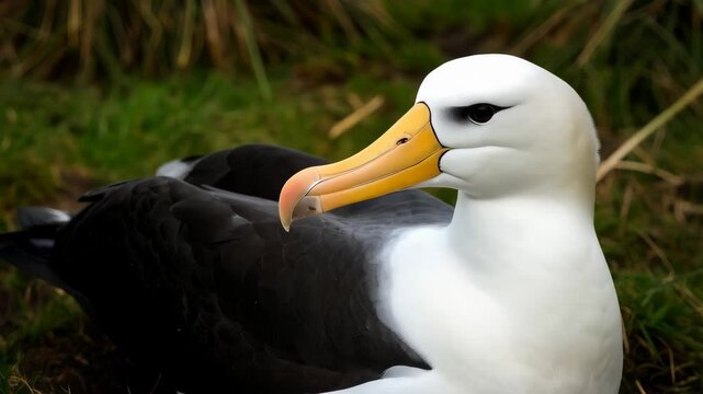 Close-up of a black-browed albatross resting in a grassy habitat with focus on its yellow beak and white plumage, showcasing wildlife portraiture.