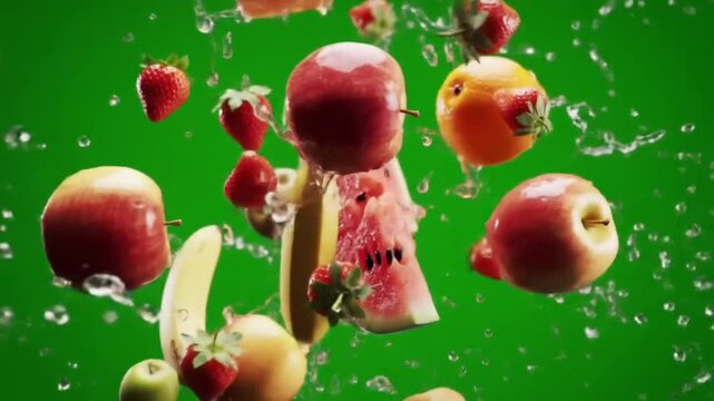 A vibrant mix of fresh fruits, including apples, oranges, bananas, and strawberries, tumbles gracefully in slow motion against a green screen,	
