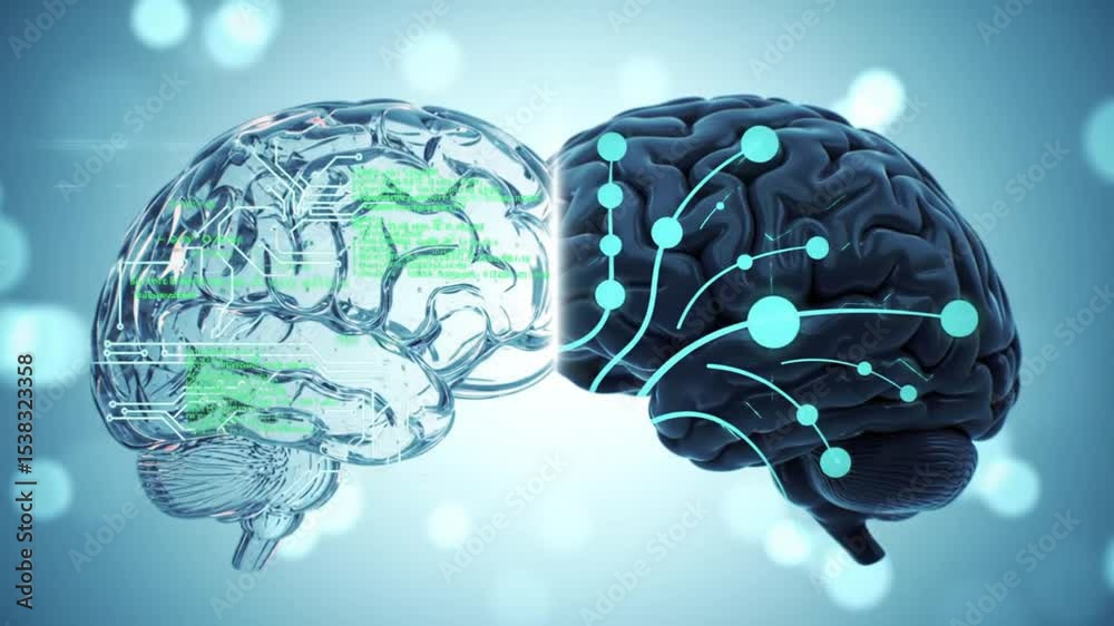 Poster digital brain halves showing intelligence and neural networks with blue bokeh background for scienti