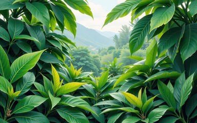 Obraz premium Lush green foliage framing a scenic mountainous landscape.