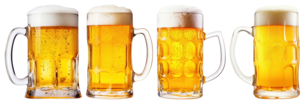 PNG Four frothy beer mugs lined up, filled with golden beer element set on transparent background.