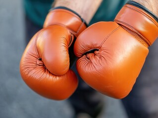 Close-up of two fists wearing orange boxing gloves, ready for a match.