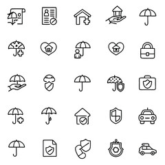 Line icons shows diverse insurance coverage, protection policies and secure financial services for individuals