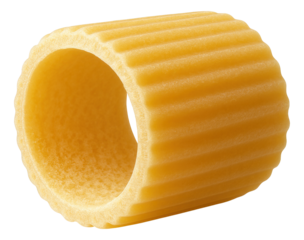 Ridged, cylindrical pasta shape with textured surface and hollow center.