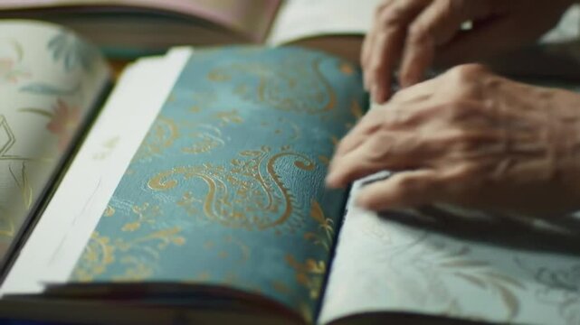 Hand Flips Wallpaper Sample Book with Blue Gold and Floral Designs for Interior Decoration Choices