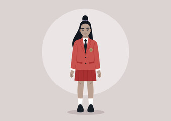 A female pupil dressed in a colorful school uniform isolated on a plain background